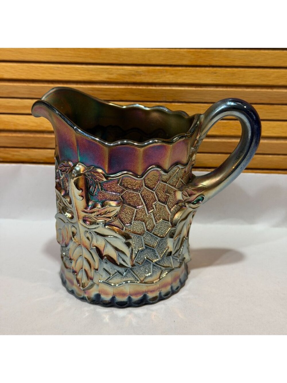 Vintage Dugan Carnival Glass Maple Leaf Iridescent Cobalt Blue Glass 4.5 Creamer